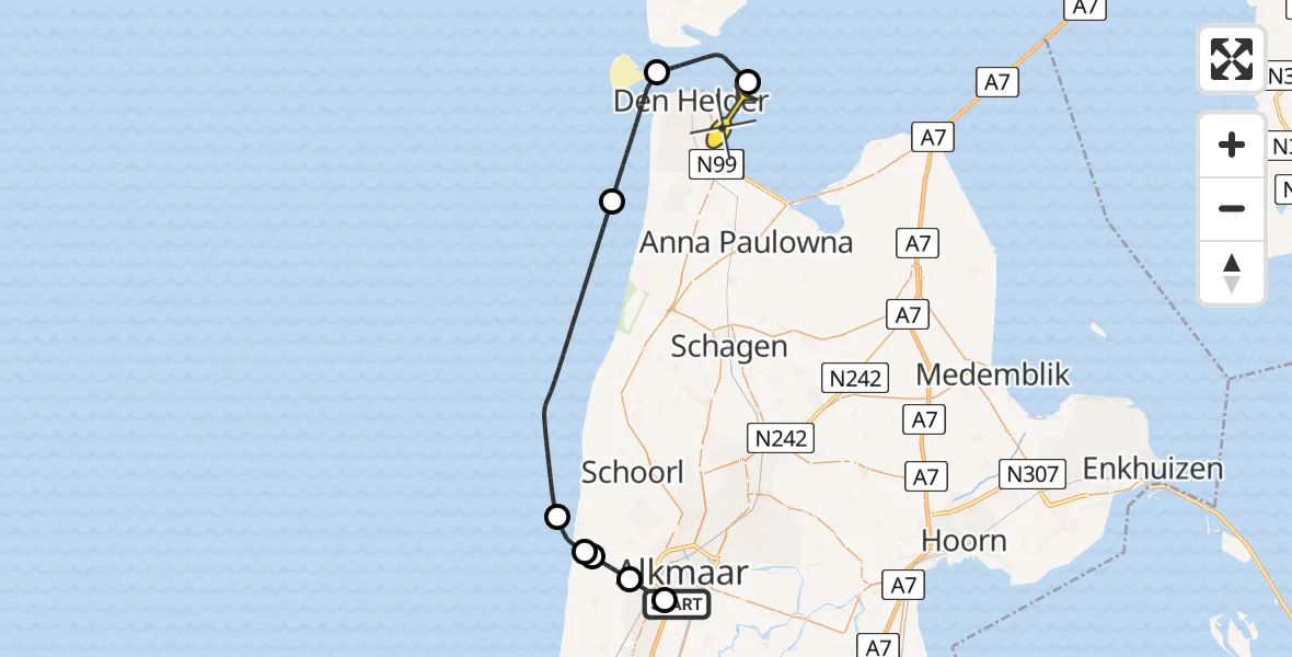 Routekaart van de vlucht: Kustwachthelikopter naar Den Helder, Parelweg