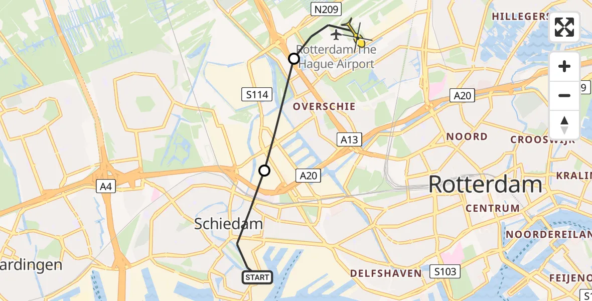 Routekaart van de vlucht: Politieheli naar Rotterdam The Hague Airport, Van Leeuwenhoeckstraat