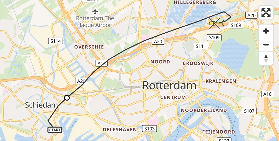 Routekaart van de vlucht: Politieheli naar Rotterdam, Snelliussingel