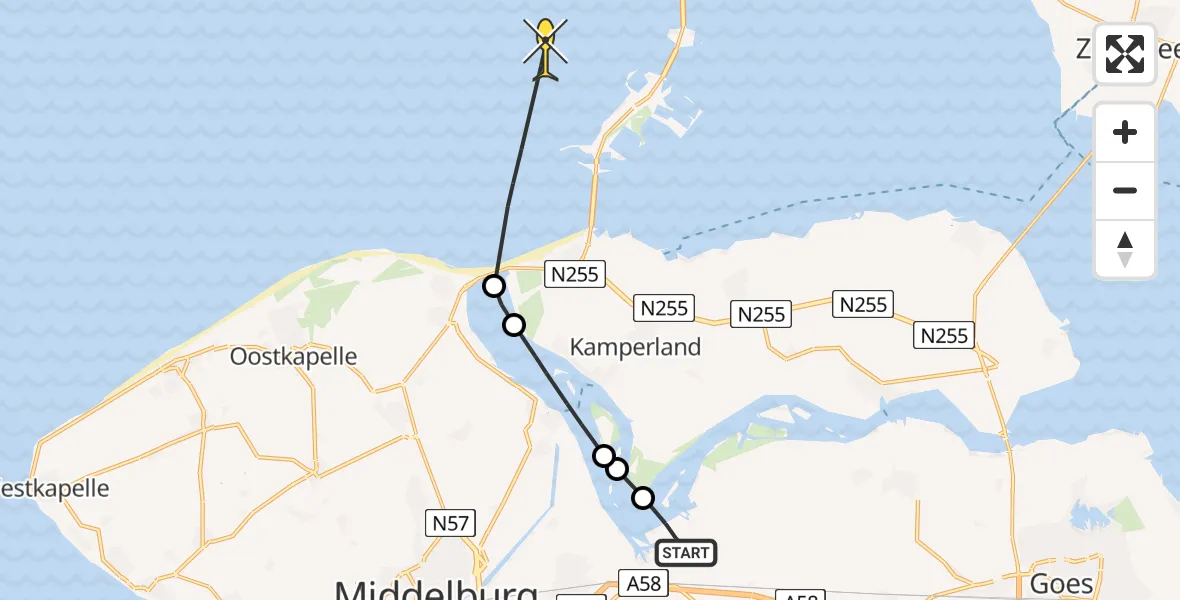 Routekaart van de vlucht: Politieheli naar Vrouwenpolder, Oranjeplaatweg