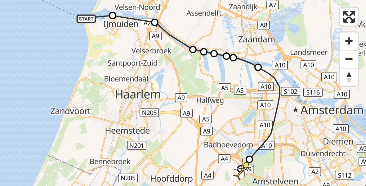 Routekaart van de vlucht: Politiehelikopter naar Schiphol, Amsterdamseweg
