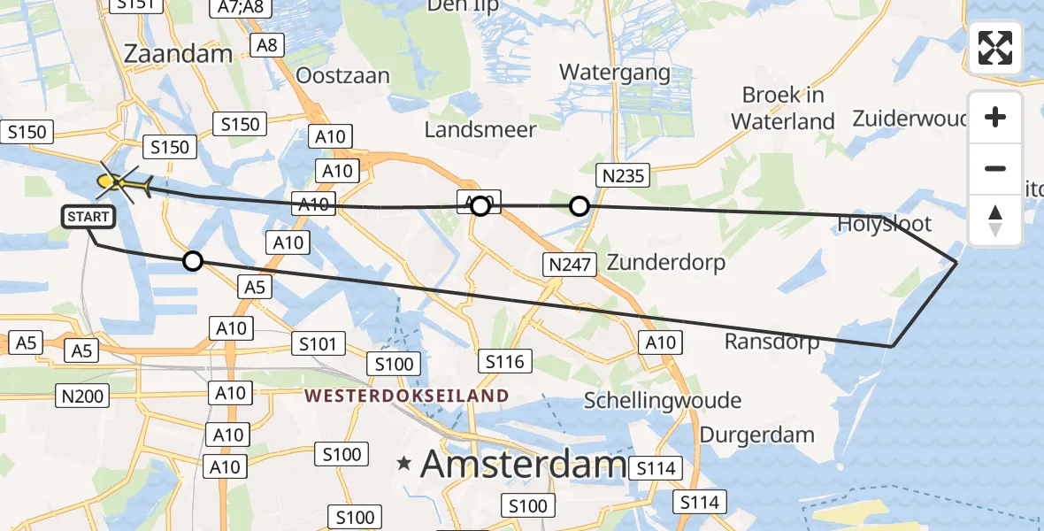 Routekaart van de vlucht: Lifeliner 1 naar Amsterdam Heliport, Westhaven