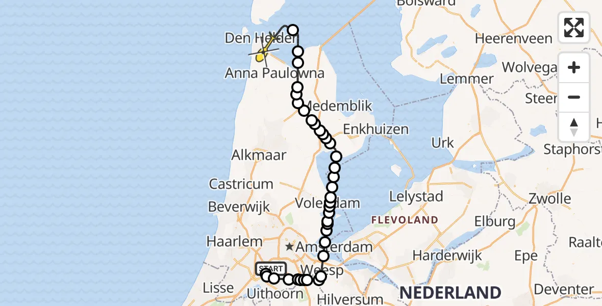 Routekaart van de vlucht: Politieheli naar Vliegveld De Kooy, Amsterdam-Bataviaweg