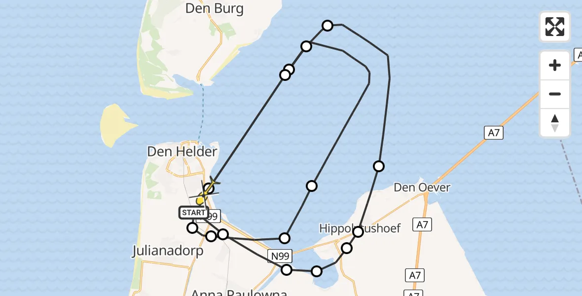 Routekaart van de vlucht: Politieheli naar Vliegveld De Kooy, Rijksweg