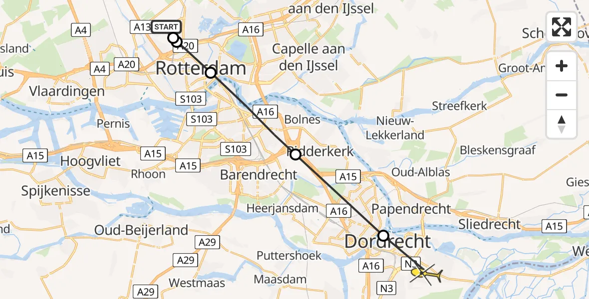 Routekaart van de vlucht: Lifeliner 2 naar Dordrecht, Buys Ballotlaan