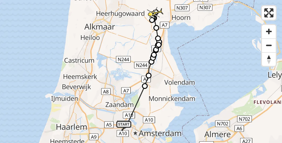 Routekaart van de vlucht: Politiehelikopter naar Zuidermeer, Woutertje Pietersestraat