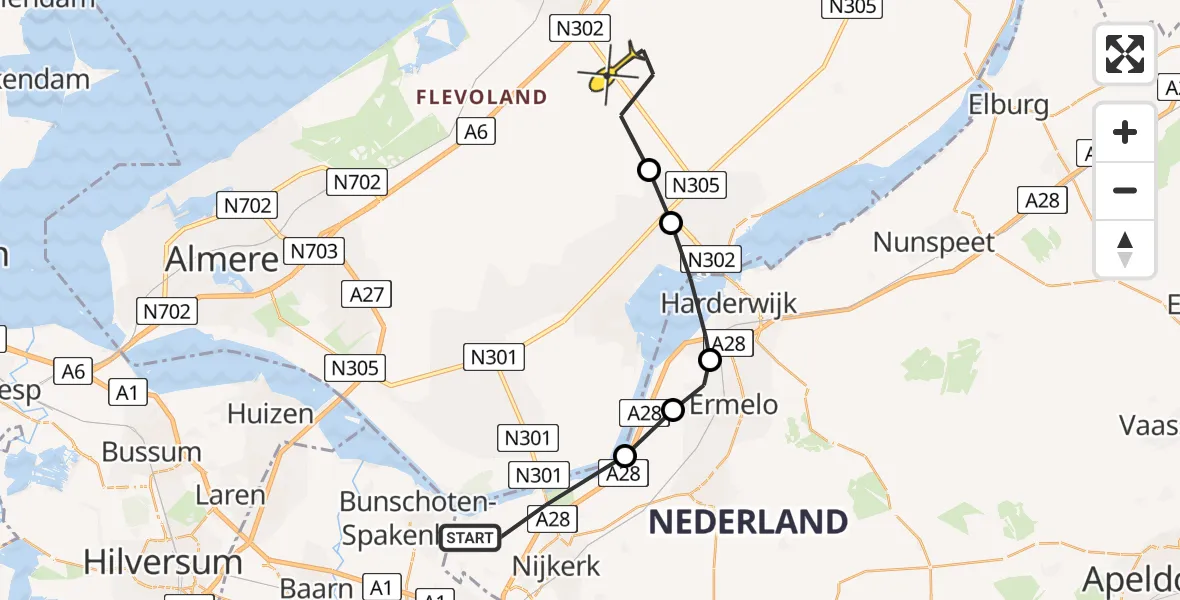 Routekaart van de vlucht: Politieheli naar Lelystad Airport, Groenewegje
