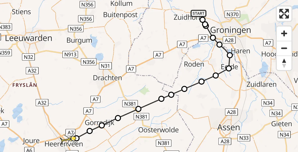 Routekaart van de vlucht: Lifeliner 4 naar Heerenveen, Friesestraatweg