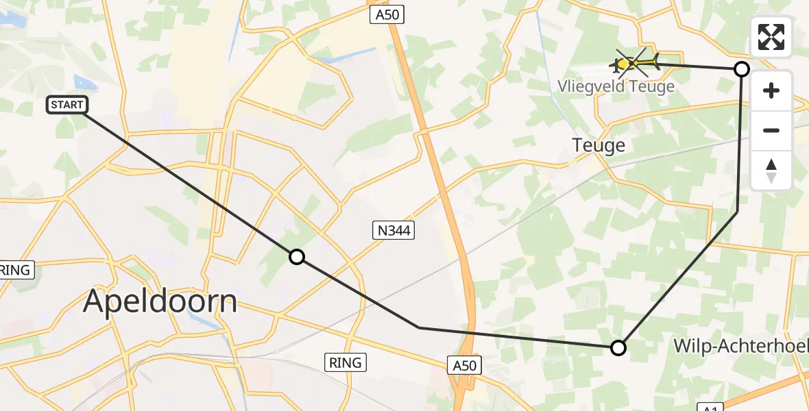 Routekaart van de vlucht: Politiehelikopter naar Vliegveld Teuge, Kruizemuntstraat