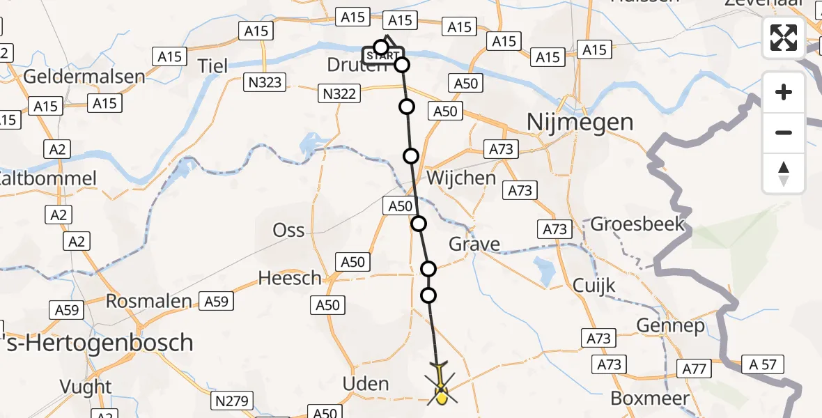 Routekaart van de vlucht: Lifeliner 3 naar Vliegbasis Volkel, De Dreef