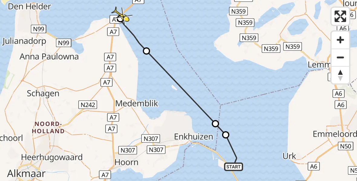 Routekaart van de vlucht: Kustwachthelikopter naar Den Oever, Afsluitdijk