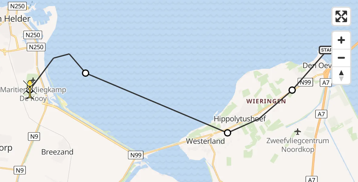 Routekaart van de vlucht: Kustwachthelikopter naar Vliegveld De Kooy, Oosterkruisweg