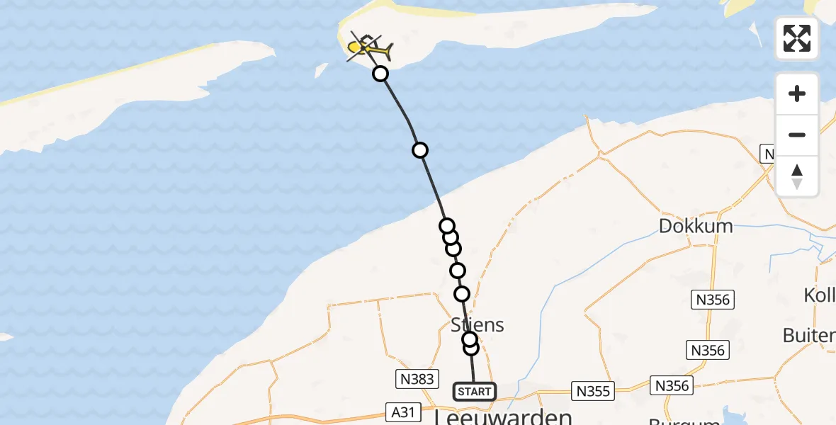 Routekaart van de vlucht: Ambulancehelikopter naar Hollum, Keegsdijkje