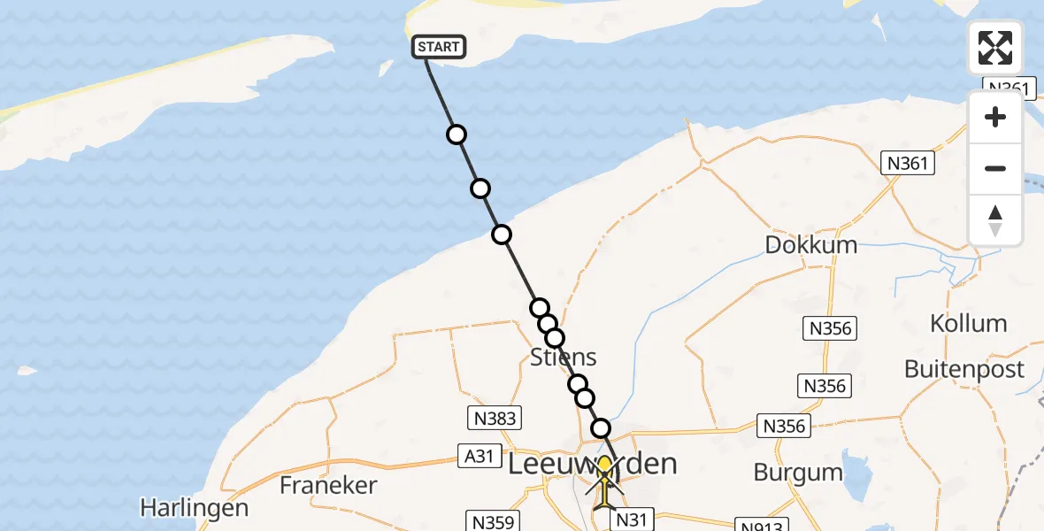 Routekaart van de vlucht: Ambulancehelikopter naar Leeuwarden, Westergie