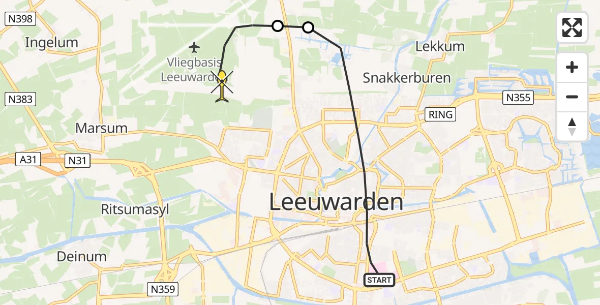 Routekaart van de vlucht: Ambulancehelikopter naar Vliegbasis Leeuwarden, Hoveniersstraat