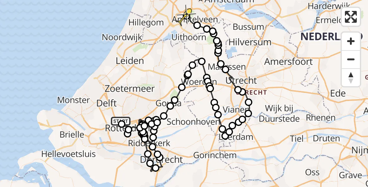 Routekaart van de vlucht: Politieheli naar Schiphol, Rotterdam Airportbaan