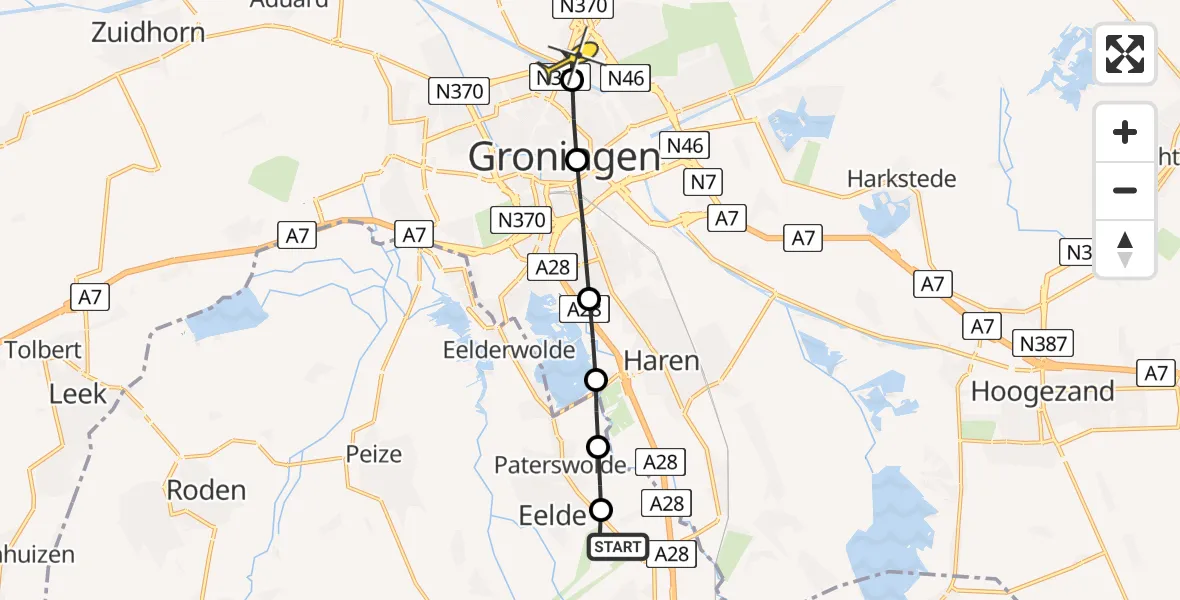 Routekaart van de vlucht: Lifeliner 4 naar Groningen, Burgemeester J.G. Legroweg