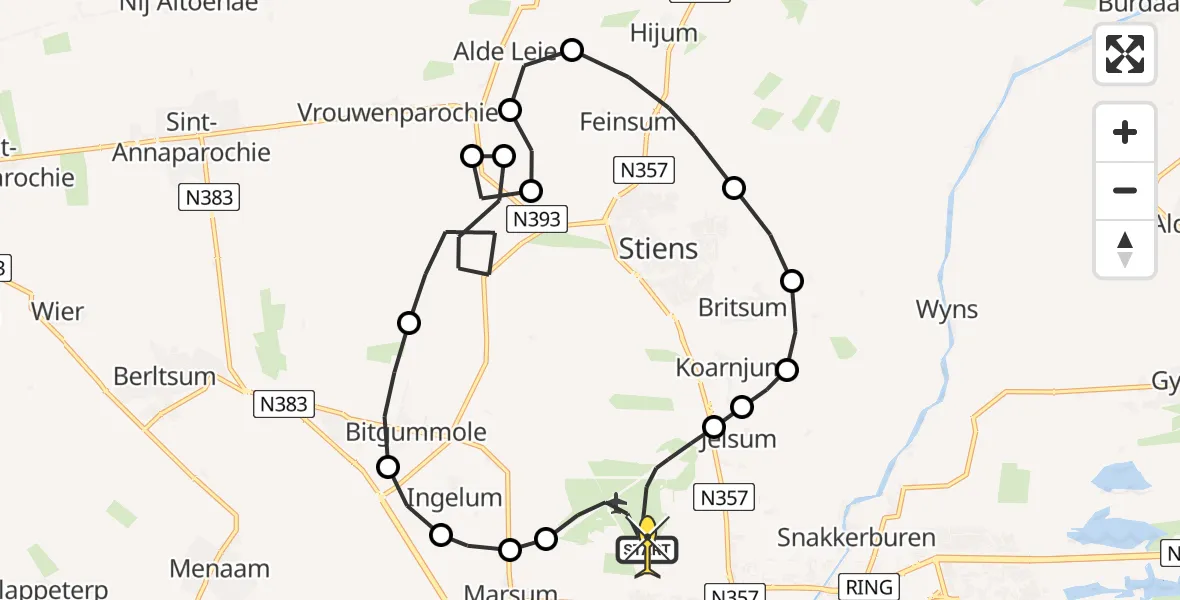 Routekaart van de vlucht: Ambulanceheli naar Vliegbasis Leeuwarden, Keegsdijkje