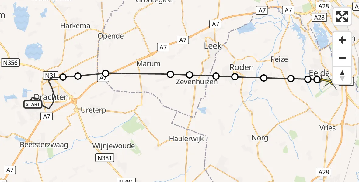 Routekaart van de vlucht: Lifeliner 4 naar Groningen Airport Eelde, Tussendiepen