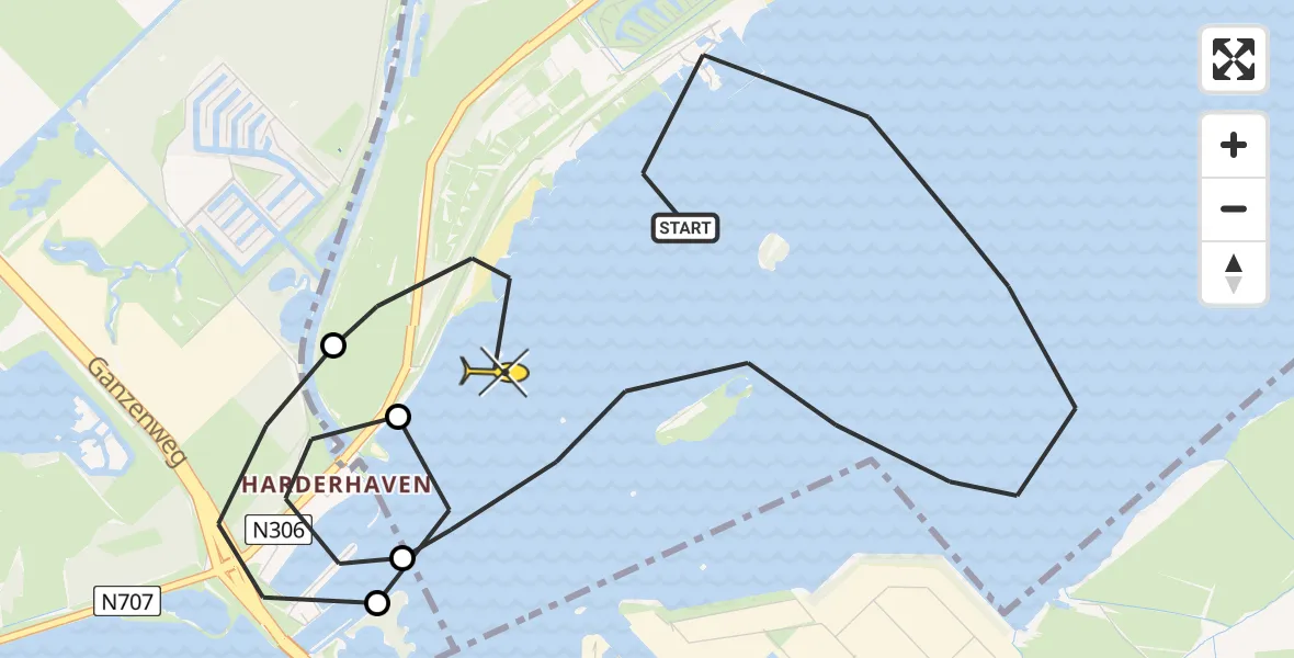 Routekaart van de vlucht: Politieheli naar Biddinghuizen, Jachthaven Flevostrand