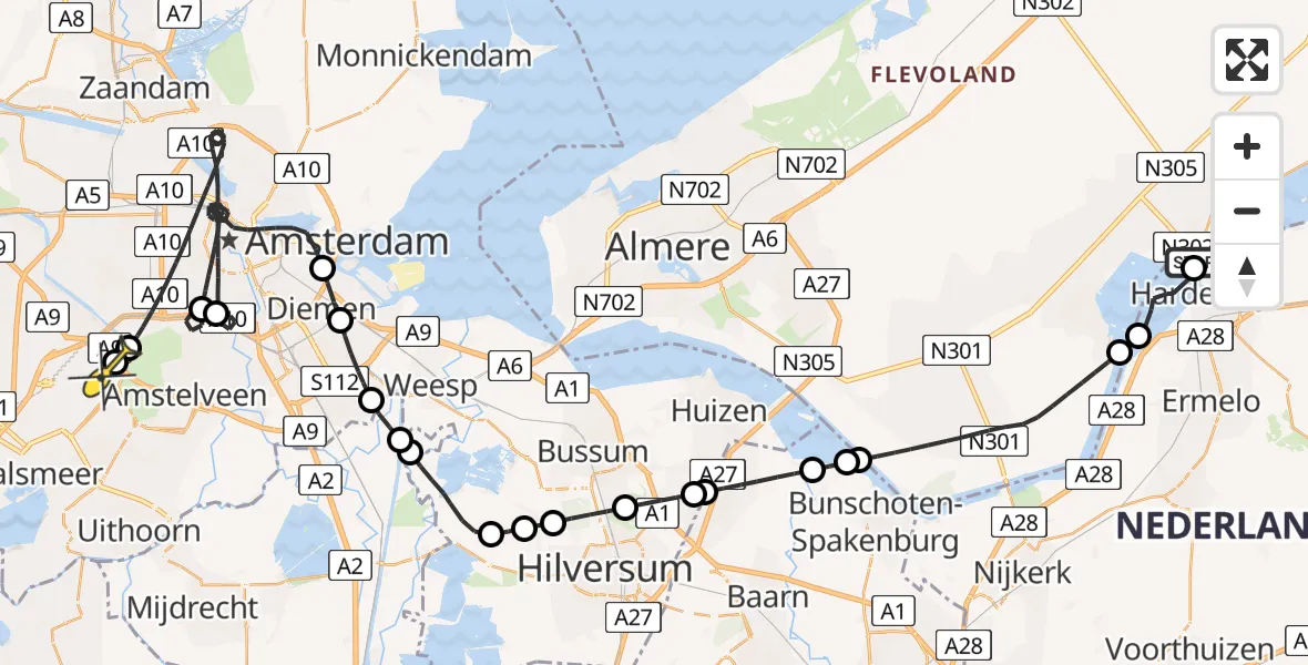 Routekaart van de vlucht: Politieheli naar Schiphol, Wolderwijd
