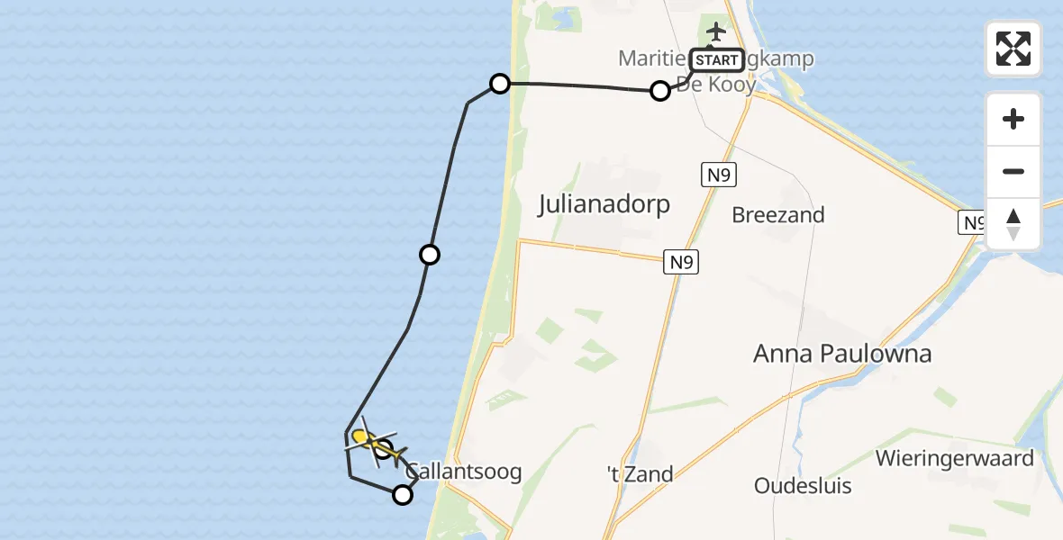 Routekaart van de vlucht: Kustwachthelikopter naar Kortevliet