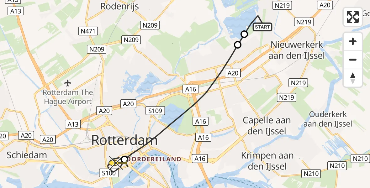 Routekaart van de vlucht: Lifeliner 1 naar Erasmus MC, Kosboulevard