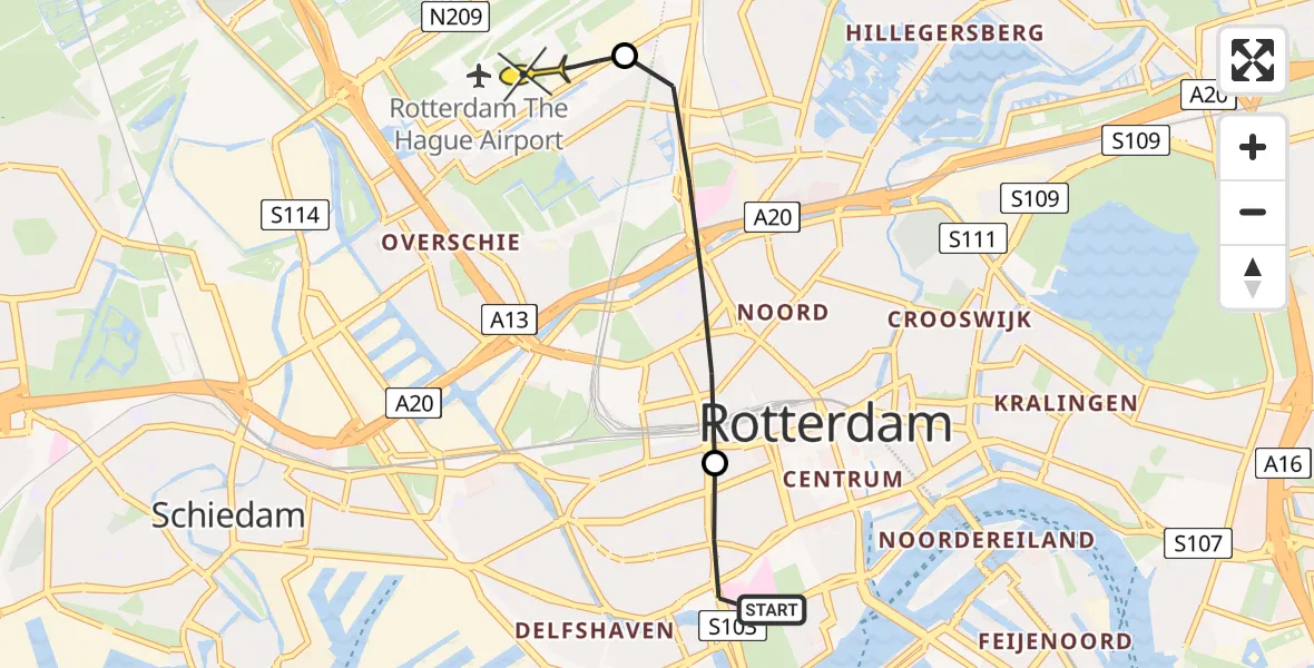Routekaart van de vlucht: Lifeliner 2 naar Rotterdam The Hague Airport, 's-Gravendijkwal
