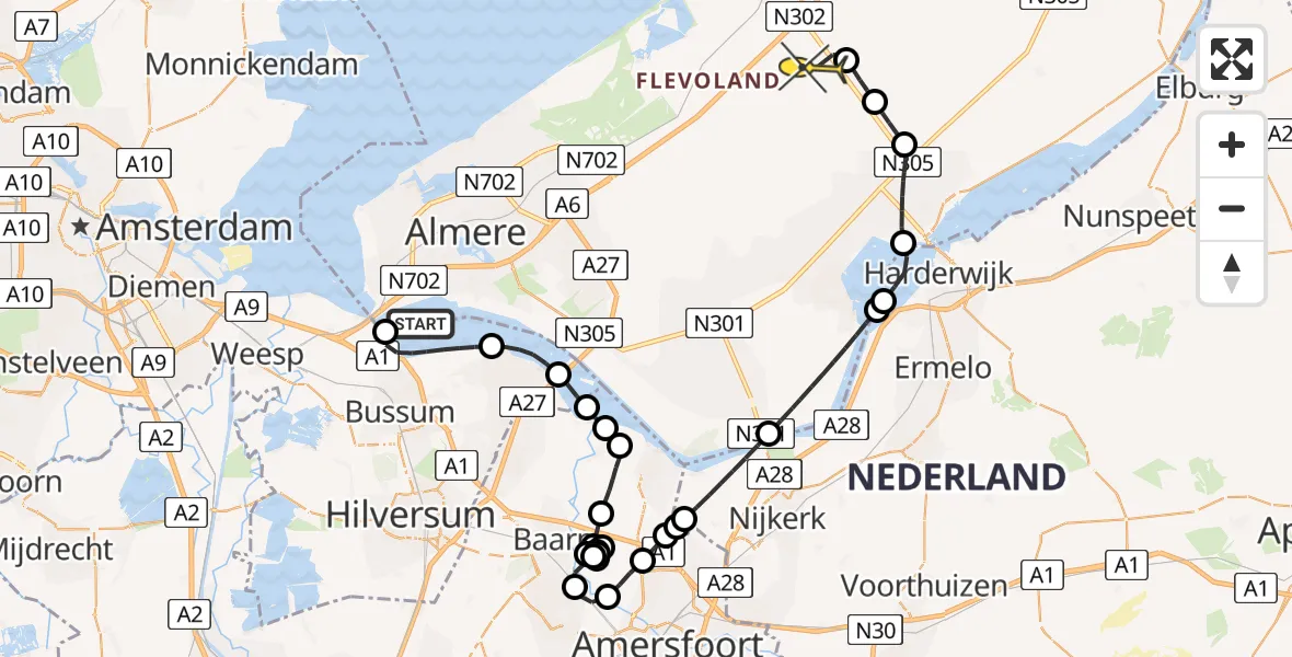 Routekaart van de vlucht: Politieheli naar Lelystad Airport, Jachthaven Naarden