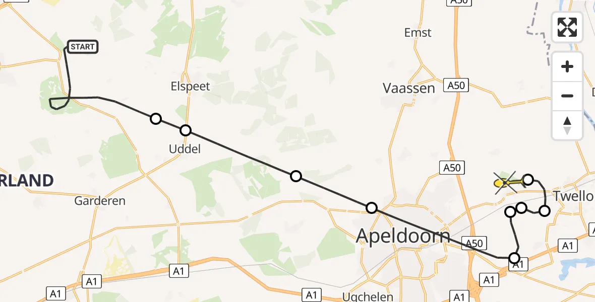 Routekaart van de vlucht: Politiehelikopter naar Vliegveld Teuge, Cyriasische Veld