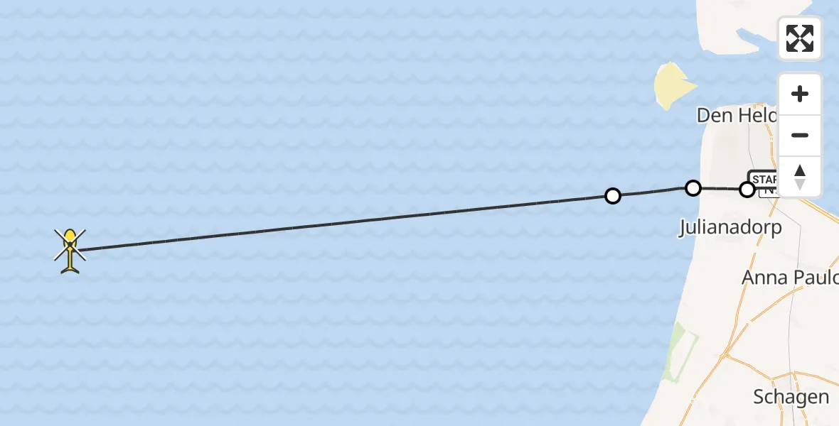 Routekaart van de vlucht: Kustwachthelikopter naar Middenvliet