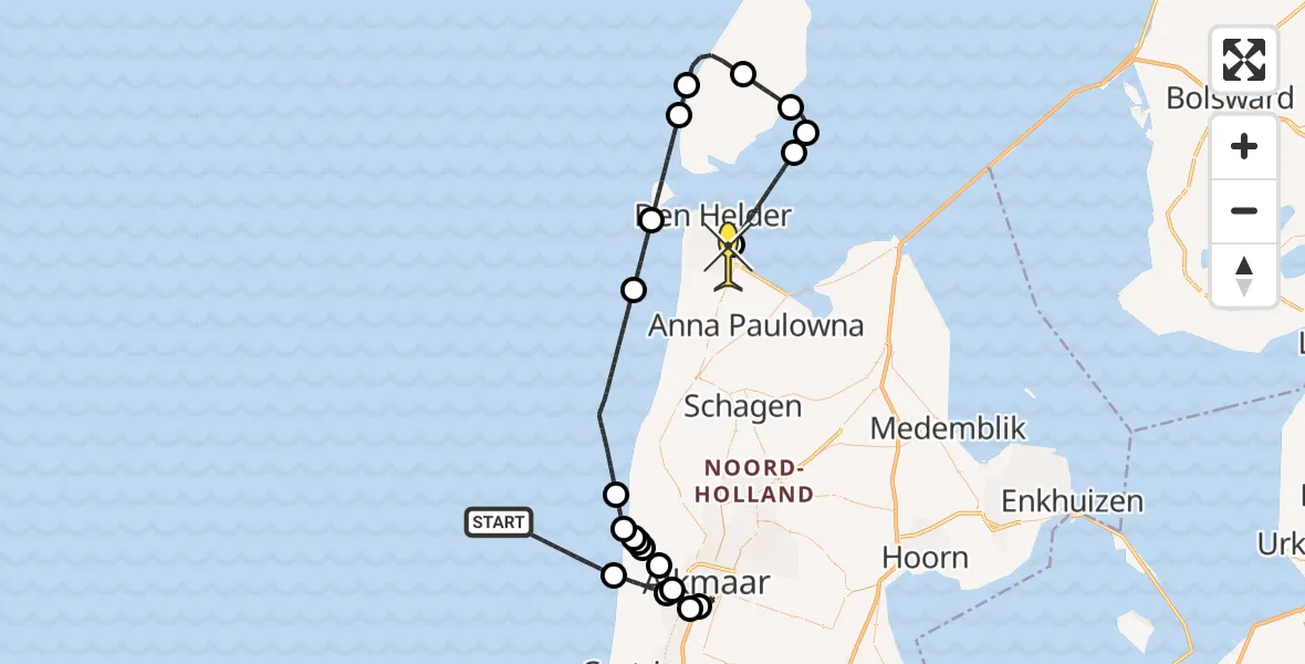 Routekaart van de vlucht: Kustwachthelikopter naar Vliegveld De Kooy, Parelweg