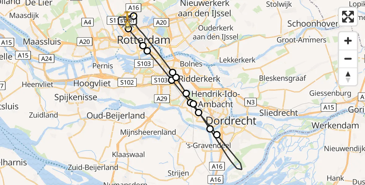 Vluchtroute Traumahelikopter van Rotterdam The Hague Airport naar Rotterdam The Hague Airport