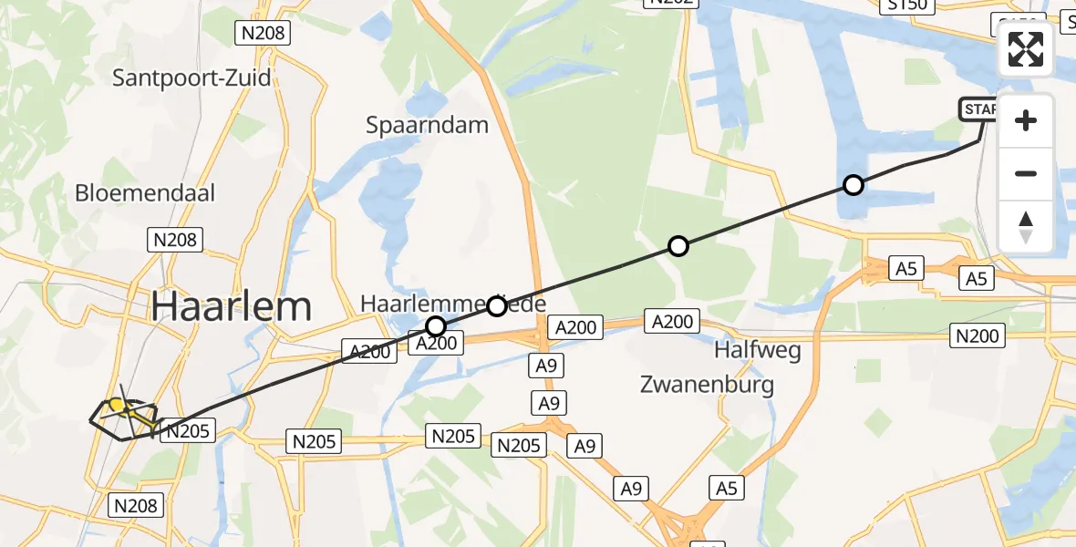 Routekaart van de vlucht: Lifeliner 1 naar Haarlem, Amerikahavenweg