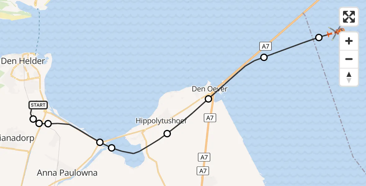 Routekaart van de vlucht: Kustwachthelikopter naar Makkum, Korte Vliet