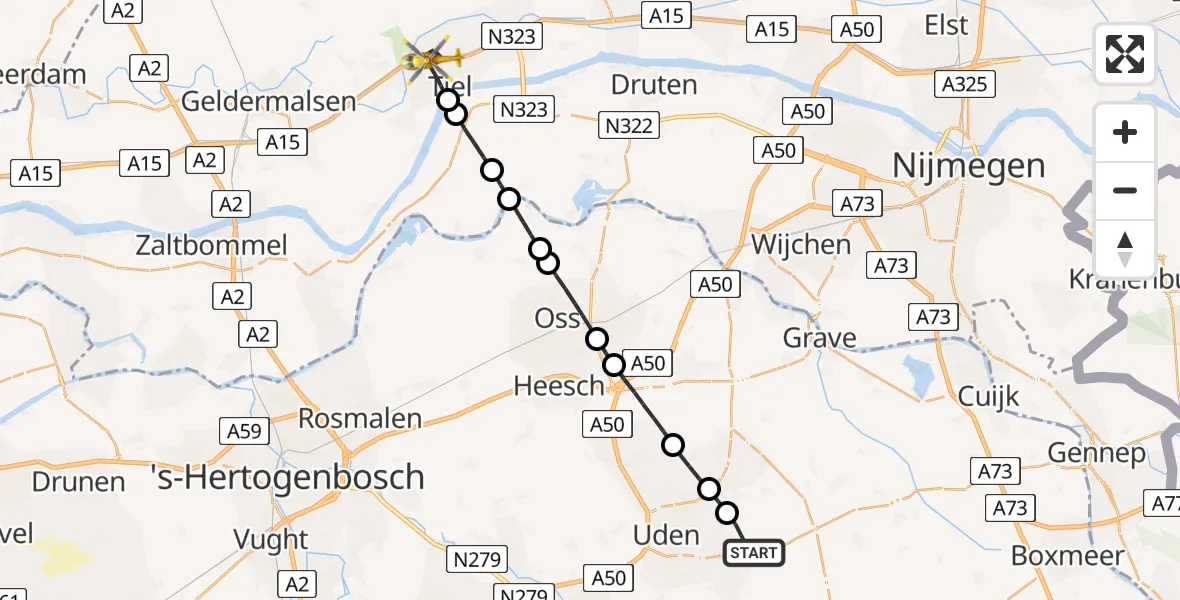 Vluchtroute Traumahelikopter van Vliegbasis Volkel naar Tiel
