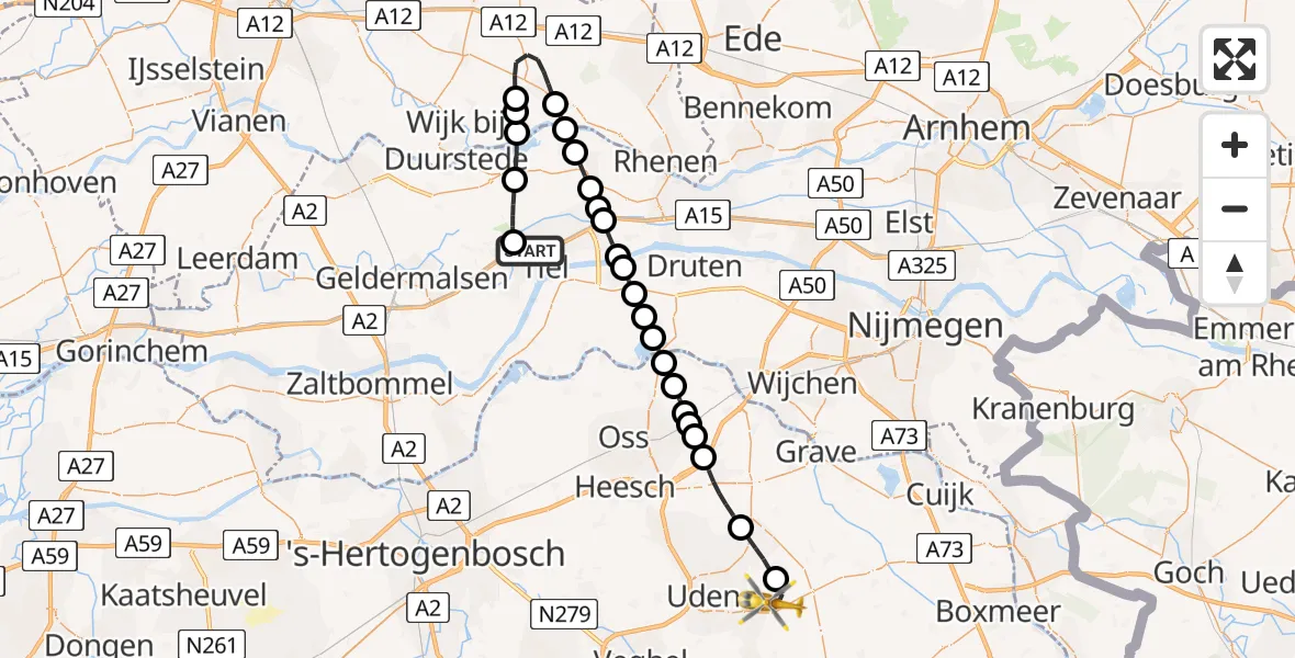 Vluchtroute Traumahelikopter van Tiel naar Vliegbasis Volkel