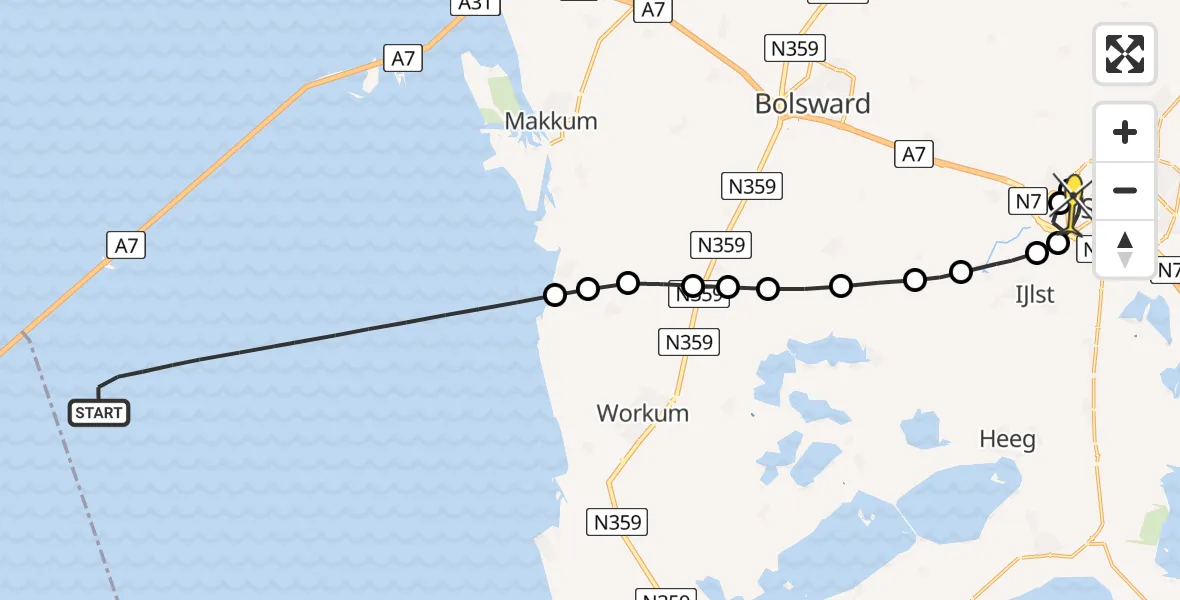 Routekaart van de vlucht: Kustwachthelikopter naar Sneek, Simmerdyk