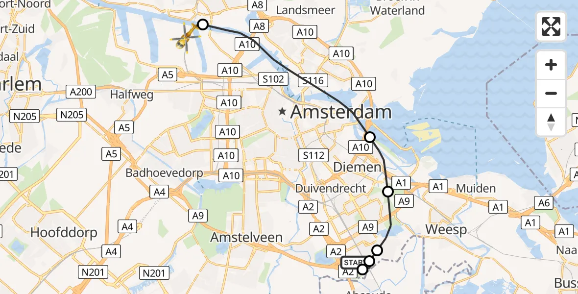 Vluchtroute Traumahelikopter van Academisch Medisch Centrum (AMC) naar Amsterdam Heliport