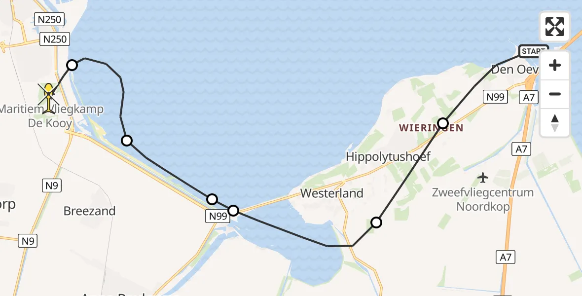 Routekaart van de vlucht: Kustwachthelikopter naar Vliegveld De Kooy, Akkerweg