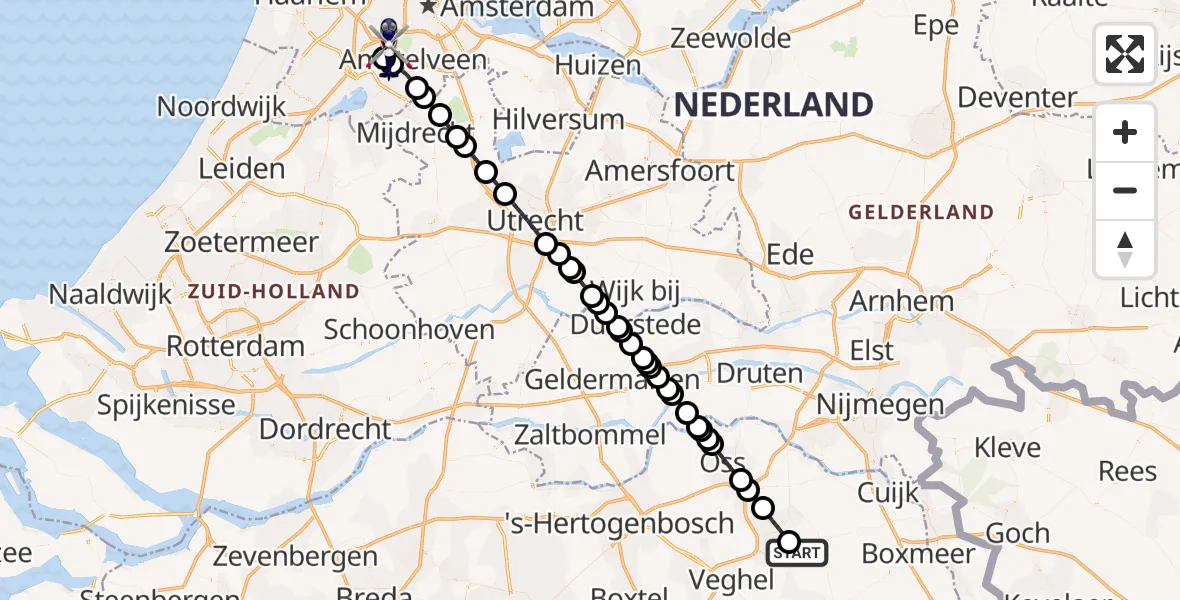 Vluchtroute Politiehelikopter van Vliegbasis Volkel naar Schiphol