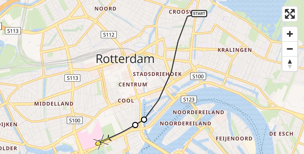 Routekaart van de vlucht: Lifeliner 2 naar Erasmus MC, Wijnhaven