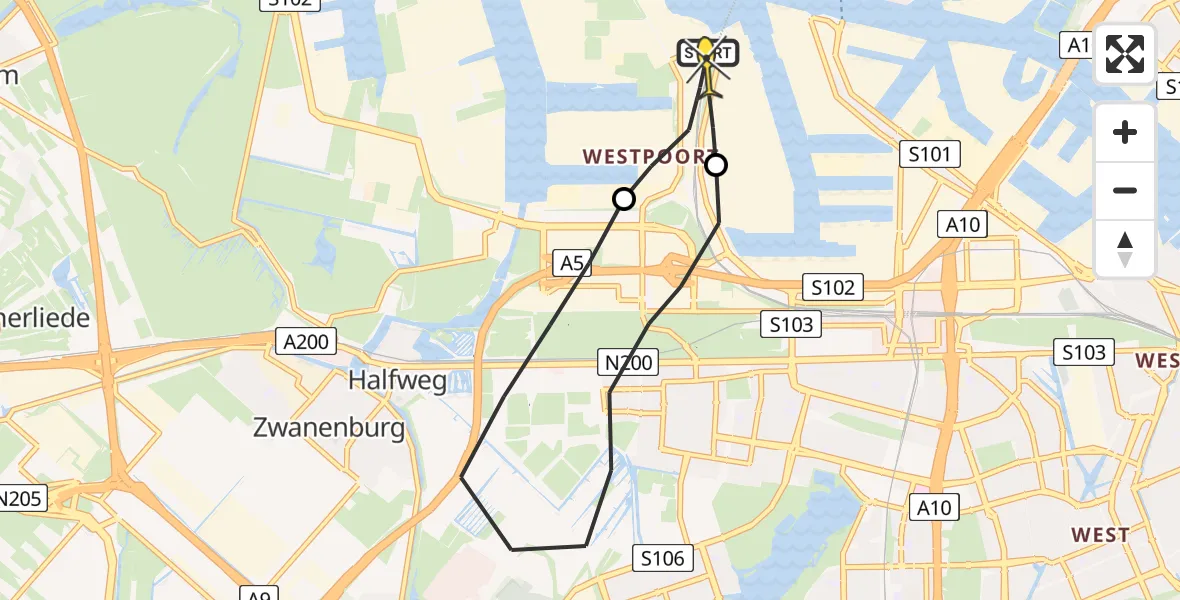 Routekaart van de vlucht: Lifeliner 1 naar Amsterdam Heliport, Westpoort
