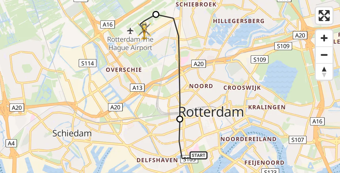 Vluchtroute Traumahelikopter van Erasmus MC naar Rotterdam The Hague Airport