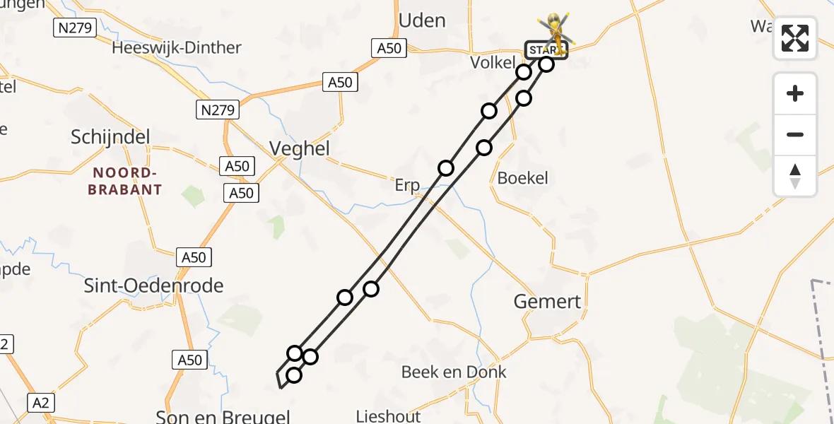 Vluchtroute Traumahelikopter van Vliegbasis Volkel naar Vliegbasis Volkel