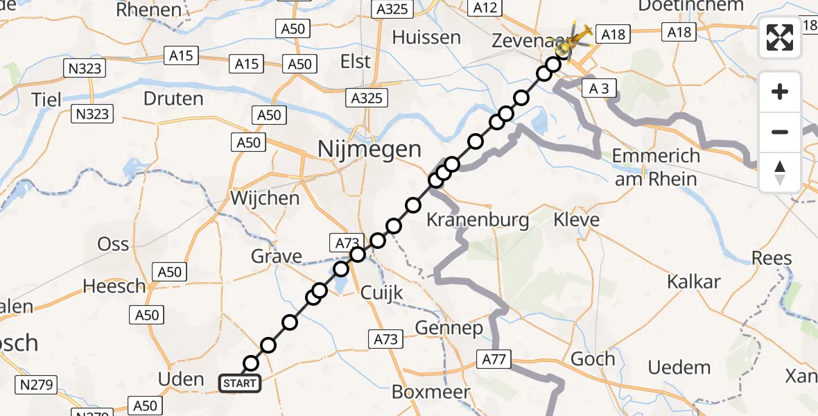 Vluchtroute Traumahelikopter van Vliegbasis Volkel naar Didam