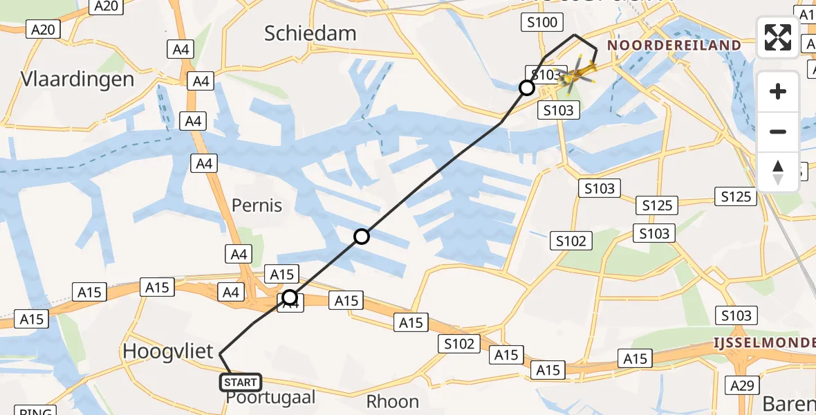 Vluchtroute Traumahelikopter van Hoogvliet naar Erasmus MC