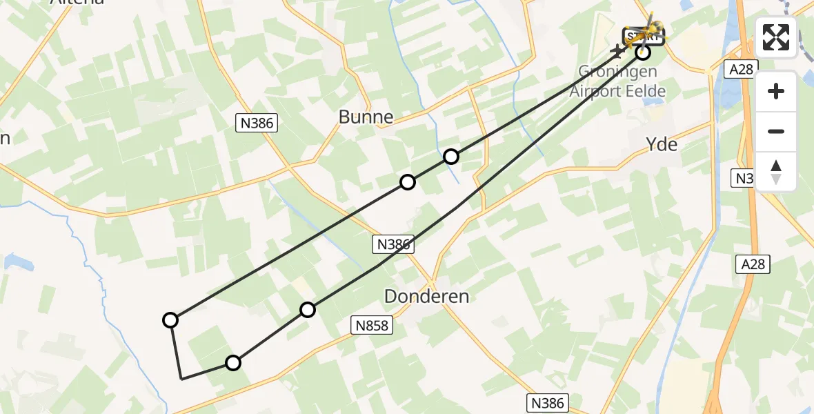 Vluchtroute Traumahelikopter van Groningen Airport Eelde naar Groningen Airport Eelde