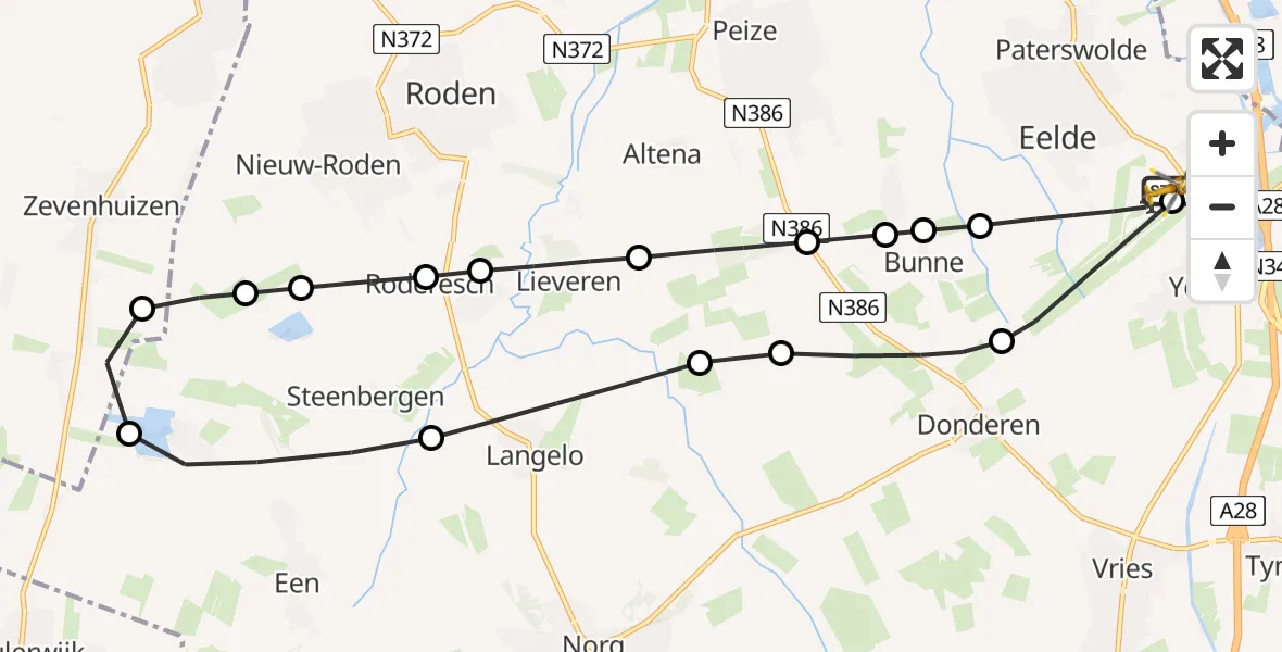 Vluchtroute Traumahelikopter van Groningen Airport Eelde naar Groningen Airport Eelde
