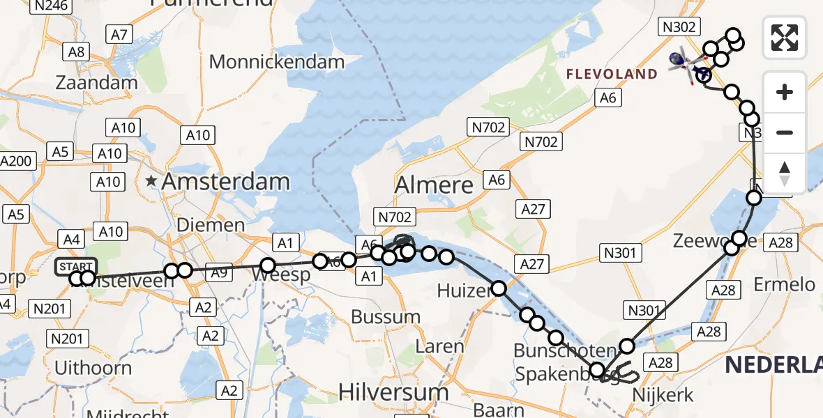 Vluchtroute Politiehelikopter van Schiphol naar Lelystad Airport